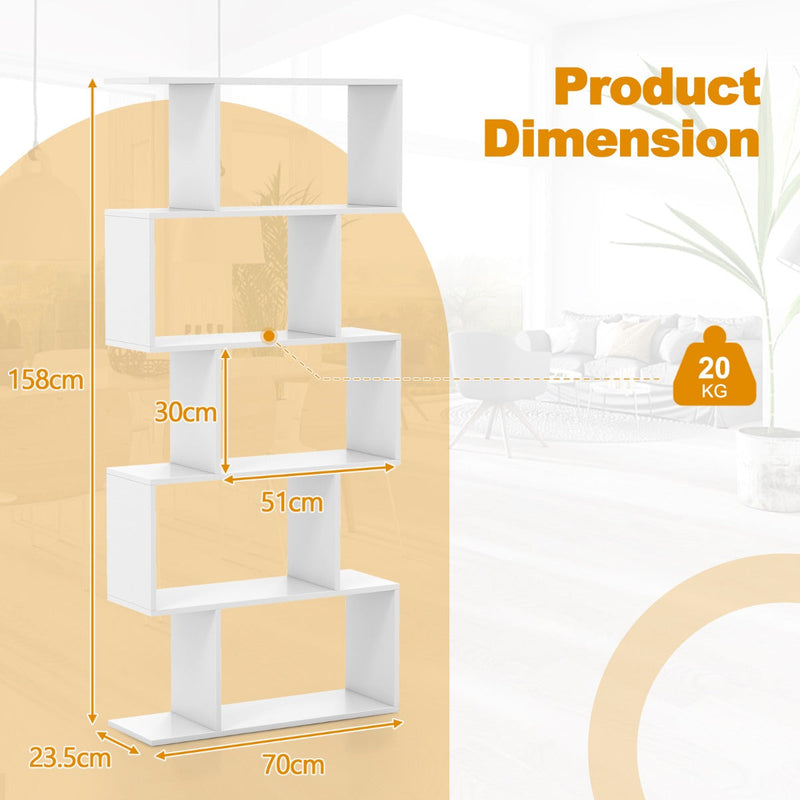 Geometric S-Shaped Bookcase - Anti-Toppling Feature, Suitable for Home Office, Living Room - Perfect for Minimalist White Interiors