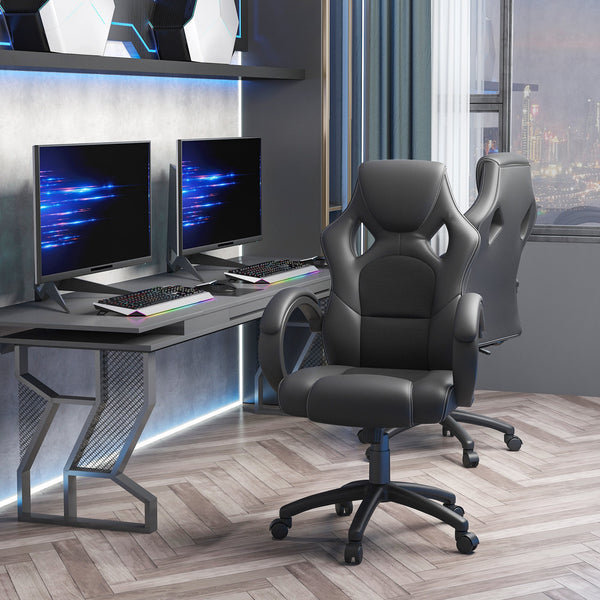 Faux Leather High-Back Computer Chair - Ergonomic Swivel Office Chair with Wheels and Armrests, Black - Ideal for Home Office Comfort and Style