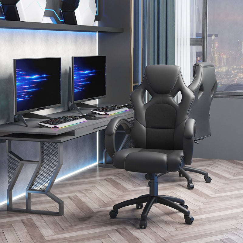 Faux Leather High-Back Computer Chair - Ergonomic Swivel Office Chair with Wheels and Armrests, Black - Ideal for Home Office Comfort and Style