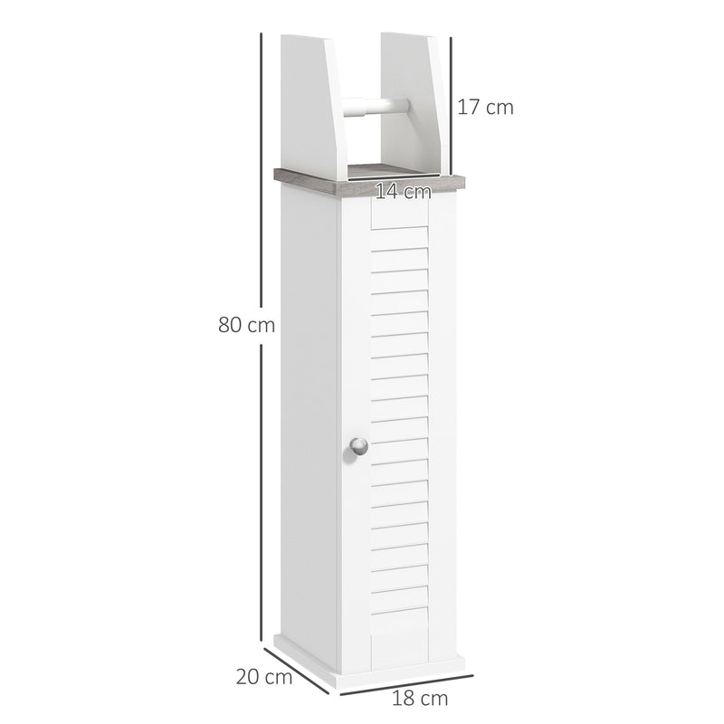 Slim Bathroom Organizer - Space-Saving Floor Cabinet with Cupboard & Roll Holder, Adjustable Shelving - Ideal for Toilet Paper, Shampoo Storage in White