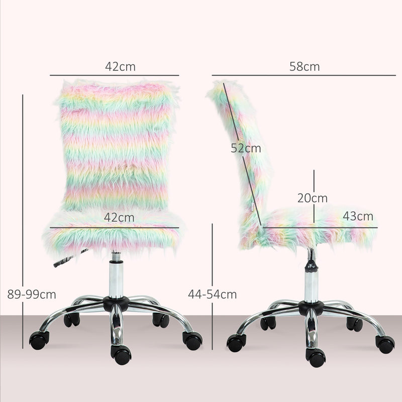 HOMCOM Armless Computer Desk Chair, Fluffy Fabric Swivel Office Chair, Makeup Vanity Chair with Height Adjustable, Wheels, for Home Study Bedroom, Unicorn Tone | Aosom UK