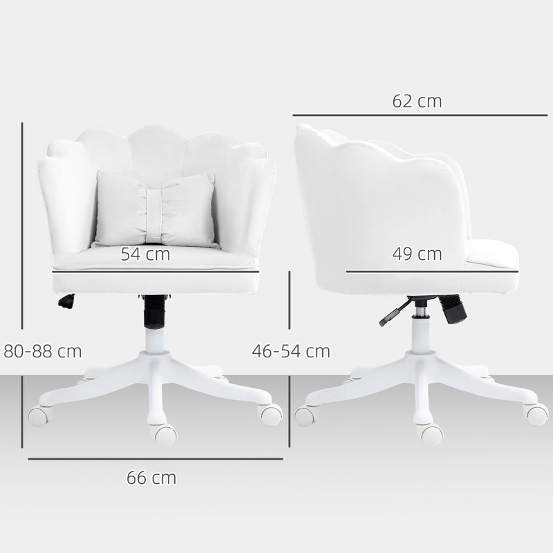 HOMCOM Velvet Office Chair with Petal Shell Back and Lumbar Pillow, Armless Desk Chair with Wide Seat and Tilt Function, Height Adjustable Swivel Makeup Vanity Chair for Bedroom, White