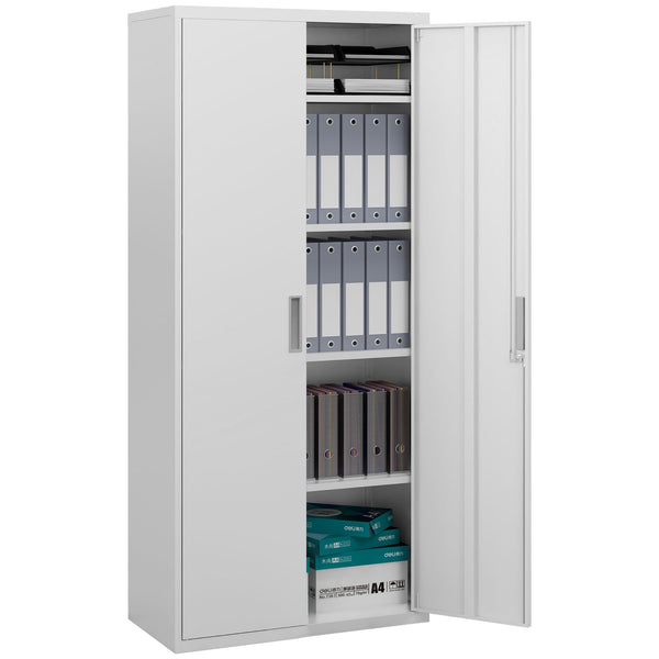 Lockable White Steel Cabinet with Five Shelves - Secure Storage Solution for Office - Ideal for Organizing Files and Supplies