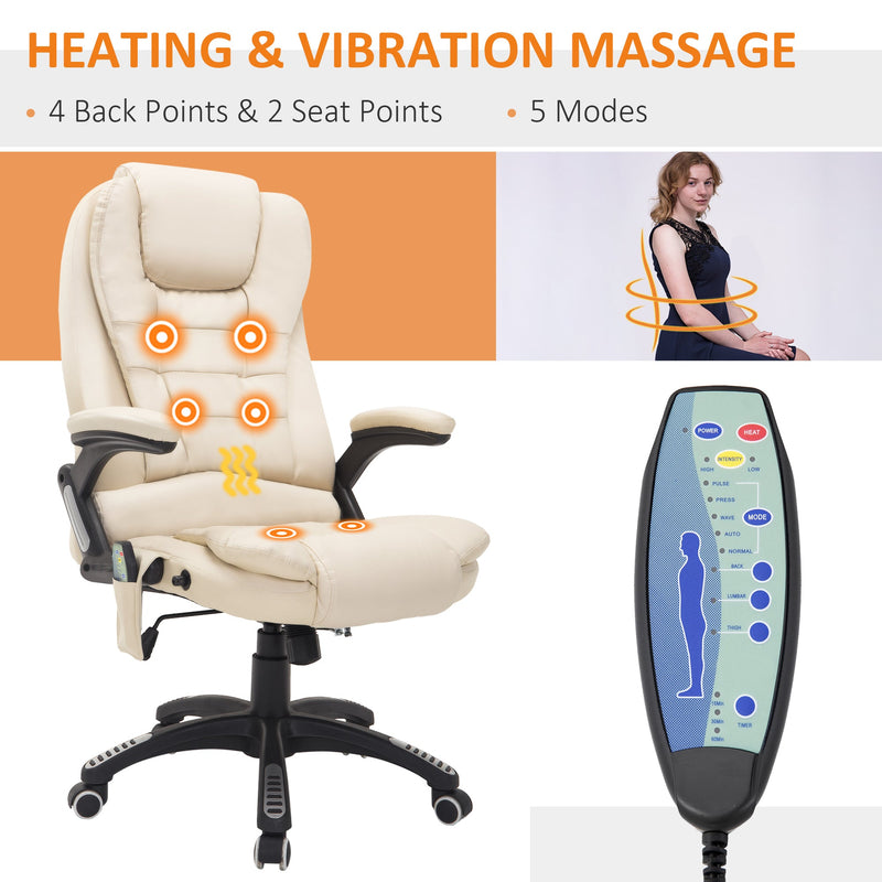 Executive Office Chair with Heat & Massage Feature - High Back PU Leather, Tilt & Reclining Functionality, Beige - Ideal for Stress Relief & Comfort in the Workplace