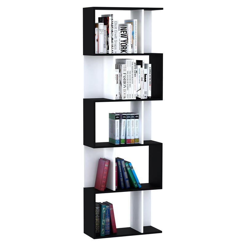 5-Tier S-Shaped Bookcase - Modern Storage & Display Shelving Unit, Divider in Black - Ideal for Organizing Books, Decor in Living Room or Office