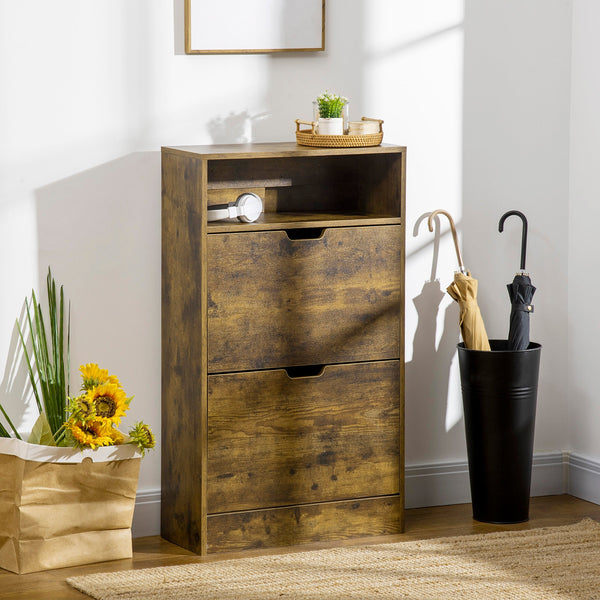 Slim 2-Drawer Shoe Cabinet with Adjustable Shelves - Rustic Brown Entryway Cupboard with Open Space and Flip Doors - Space-Saving Organizer for Shoes and Accessories