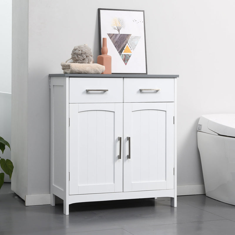 Freestanding Wooden Bathroom Floor Cabinet with 2 Drawers - Double Doors & Adjustable Shelf Storage Cupboard, Elegant White - Ideal for Organizing Toiletries and Linens