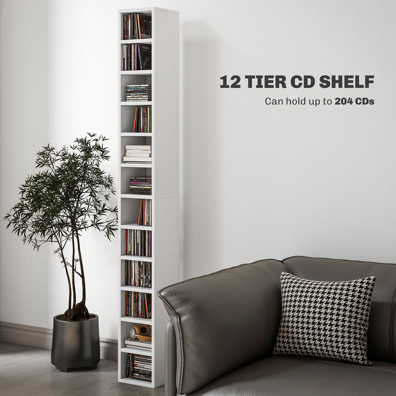 HOMCOM 204 CD Storage Unit, DVD Storage Tower with 12 Cubes, 175cm Tall Bookcase for Living Room, Home Office, Study Room, White