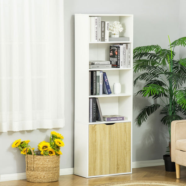 Tall Modern Bookcase with 2 Doors and 4 Shelves - White and Oak Finish Cupboard for Living Room, Study, Bedroom - Ideal for Home Office Storage & Display