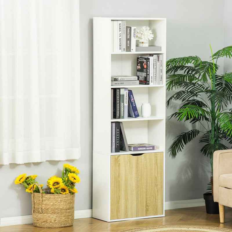 Tall Modern Bookcase with 2 Doors and 4 Shelves - White and Oak Finish Cupboard for Living Room, Study, Bedroom - Ideal for Home Office Storage & Display