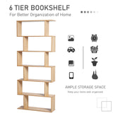S-Shaped Wooden Bookcase - 6-Tier Storage Display Shelves & Room Divider - Versatile Oak Cabinet for Home and Office Organization