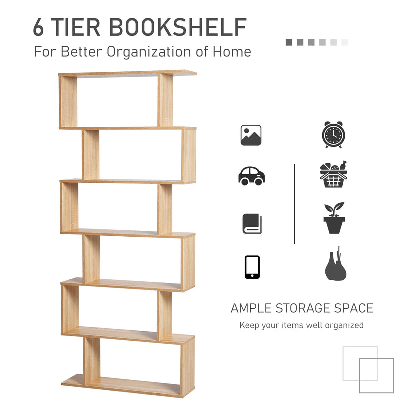 S-Shaped Wooden Bookcase - 6-Tier Storage Display Shelves & Room Divider - Versatile Oak Cabinet for Home and Office Organization
