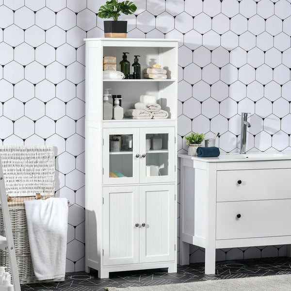 4-Door Freestanding Kitchen Cupboard - Elegant Storage Cabinet with Adjustable Shelf & Glass Doors - Ideal for Dining & Living Areas, Classic White Design