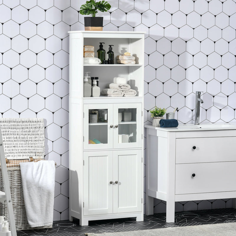 4-Door Freestanding Kitchen Cupboard - Elegant Storage Cabinet with Adjustable Shelf & Glass Doors - Ideal for Dining & Living Areas, Classic White Design