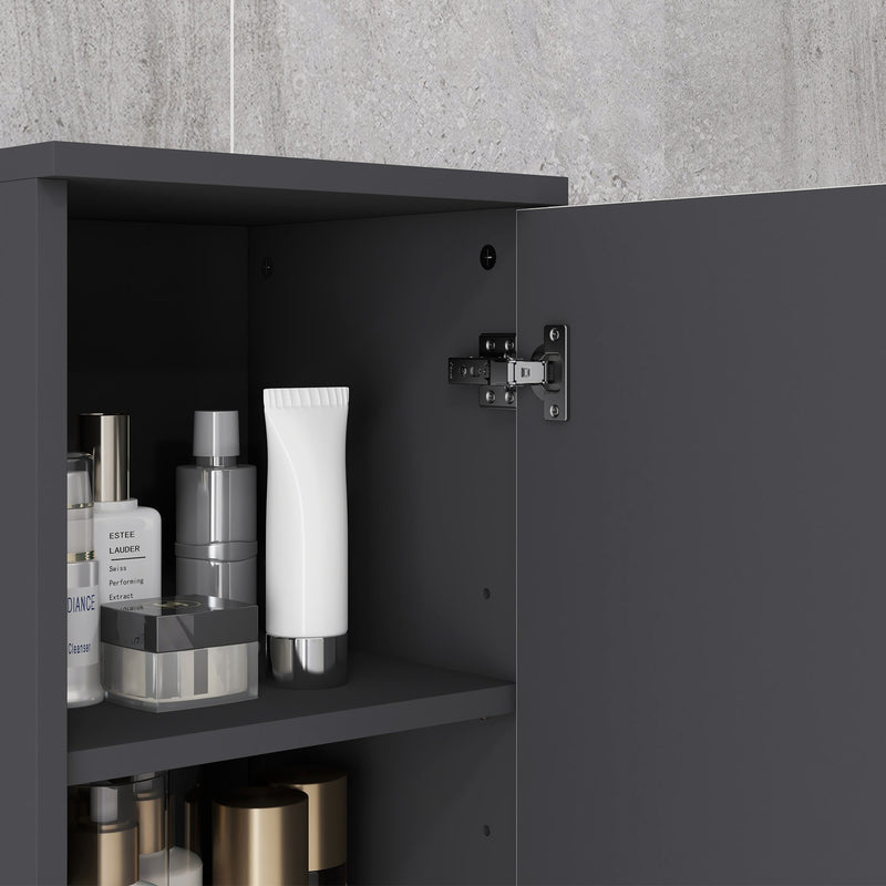 Tall 183cm Bathroom Storage Unit - Narrow Cabinet with Open Shelving and 2 Door Compartments, Adjustable Interior Shelves in Grey - Space-Saving Organizer for Bath Essentials & Linens