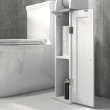 Slim Bathroom Organizer - Space-Saving Floor Cabinet with Cupboard & Roll Holder, Adjustable Shelving - Ideal for Toilet Paper, Shampoo Storage in White