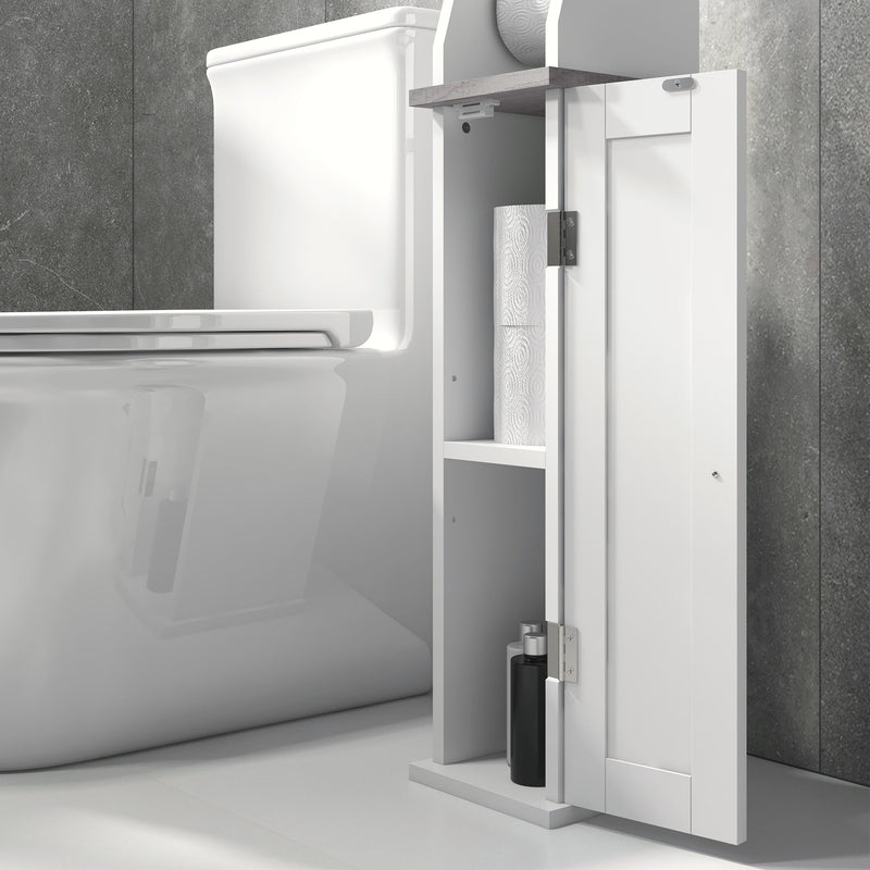 Slim Bathroom Organizer - Space-Saving Floor Cabinet with Cupboard & Roll Holder, Adjustable Shelving - Ideal for Toilet Paper, Shampoo Storage in White