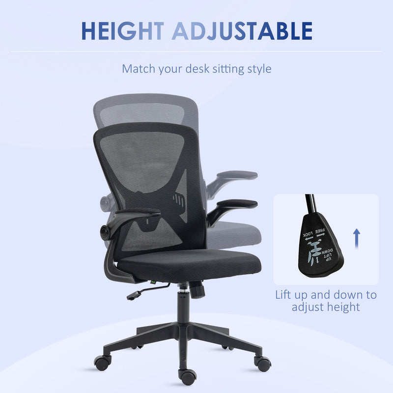 Ergonomic Mesh Office Chair with Flip-up Armrests - Computer Desk Chair with Lumbar Support & 360° Swivel Wheels, Black - Ideal for Comfortable Working Environments