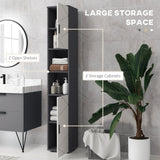 Tall 183cm Bathroom Storage Unit - Narrow Cabinet with Open Shelving and 2 Door Compartments, Adjustable Interior Shelves in Grey - Space-Saving Organizer for Bath Essentials & Linens