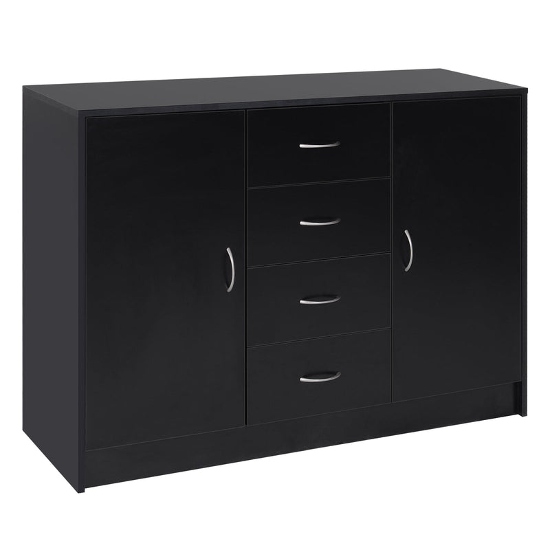 2-Door & 4-Drawer Sideboard Storage Cabinet - Freestanding Cupboard and Chest Organizer for Kitchen & Living Room - Sleek Black Finish for Home Organization
