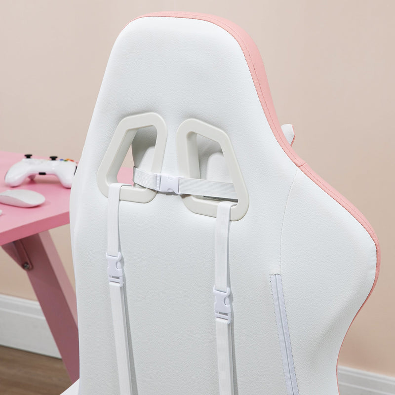 Racing Gaming Chair - Reclining PU Leather Desk Chair with Swivel, Footrest & Removable Headrest - Ergonomic Design for Gamers, White & Pink