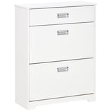 Slim White Tipping Shoe Cabinet - Entryway Storage Rack with Pull-Down Doors & Drawer, Adjustable Shelf - Space-Saving Organizer for Hallways and Small Areas