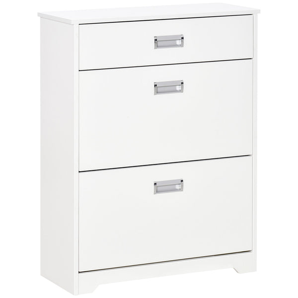 Slim White Tipping Shoe Cabinet - Entryway Storage Rack with Pull-Down Doors & Drawer, Adjustable Shelf - Space-Saving Organizer for Hallways and Small Areas