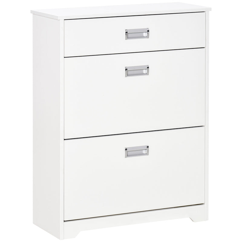 Slim White Tipping Shoe Cabinet - Entryway Storage Rack with Pull-Down Doors & Drawer, Adjustable Shelf - Space-Saving Organizer for Hallways and Small Areas