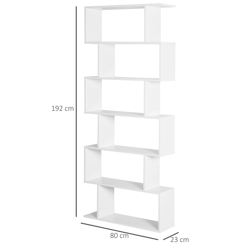 Elegant White S-Shaped Wooden Bookcase - 6-Shelf Storage and Display Unit with Room Divider Function - Versatile Organizational Solution for Home or Office