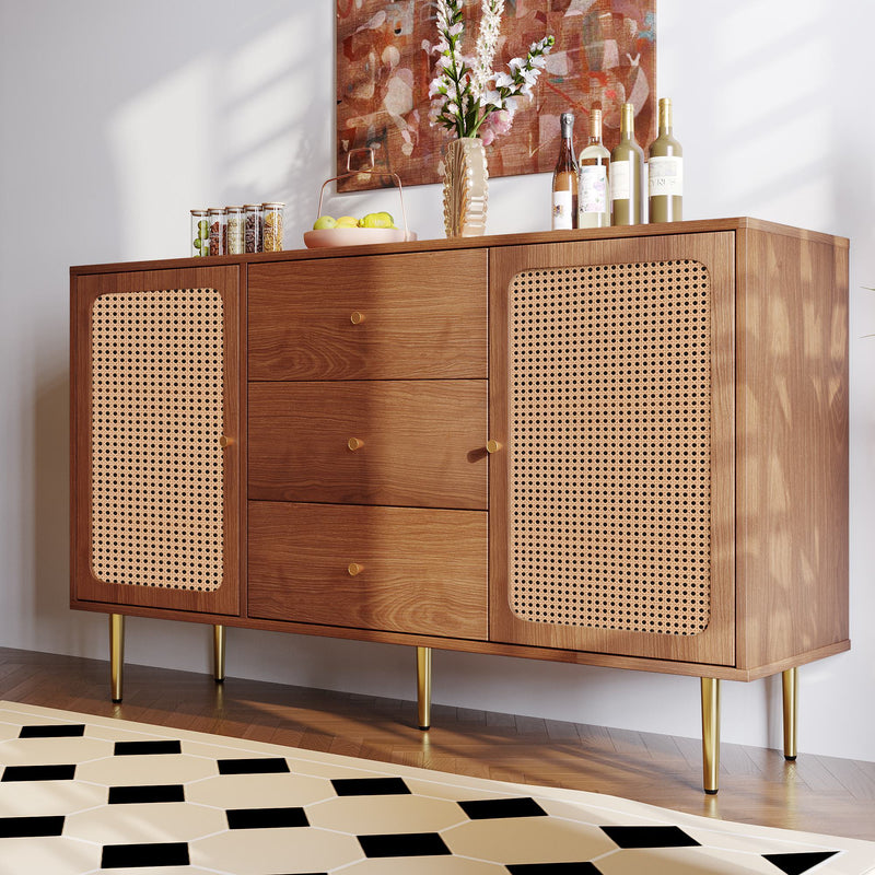 Adjustable Shelf Sideboard - Freestanding Storage Cabinet with 2 Doors and 3 Drawers in Walnut - Organizer for Living Room & Bedroom