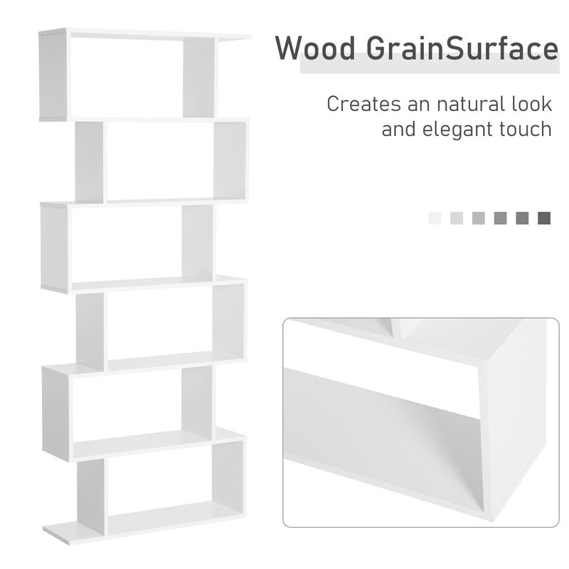 Elegant White S-Shaped Wooden Bookcase - 6-Shelf Storage and Display Unit with Room Divider Function - Versatile Organizational Solution for Home or Office
