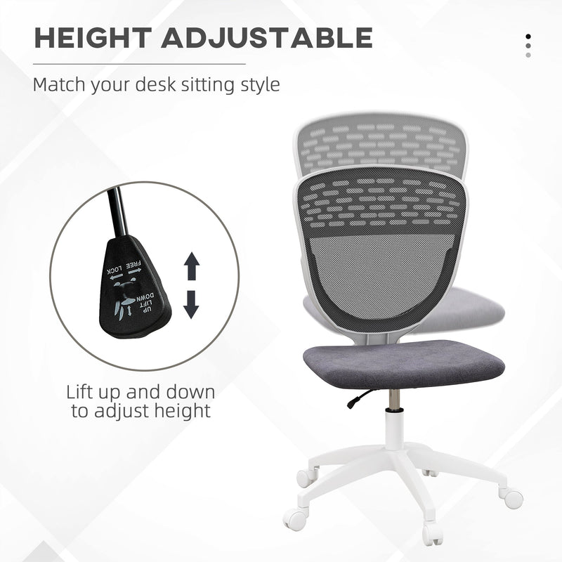 Mesh Office Chair - Armless, Height Adjustable with Swivel Wheels, Grey - Ideal for Home and Office Comfort