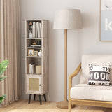 Slim Freestanding Cabinet with Rattan Door - Solid Wood Legs and Stylish Woven Design - Ideal Storage Solution for Compact Spaces