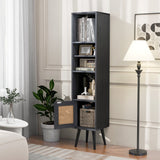 Slim Freestanding Cabinet with Rattan Door - Solid Wood Legs and Stylish Woven Design - Ideal Storage Solution for Compact Spaces