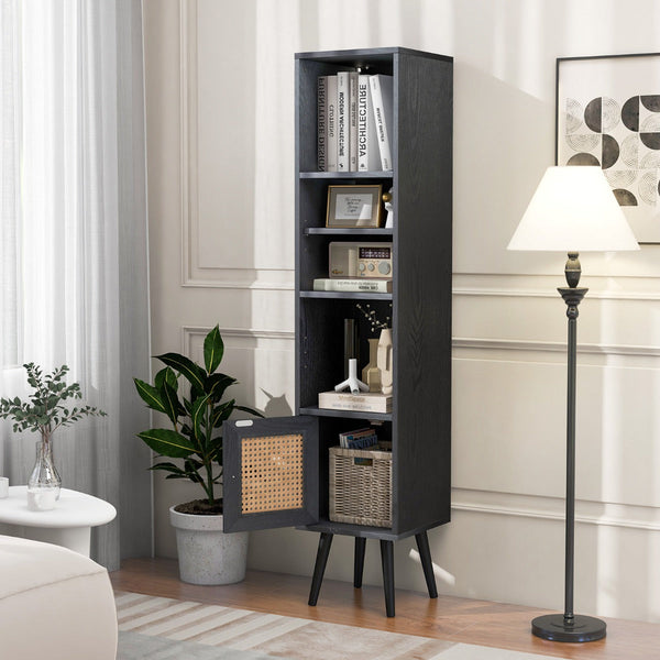 Slim Freestanding Cabinet with Rattan Door - Solid Wood Legs and Stylish Woven Design - Ideal Storage Solution for Compact Spaces