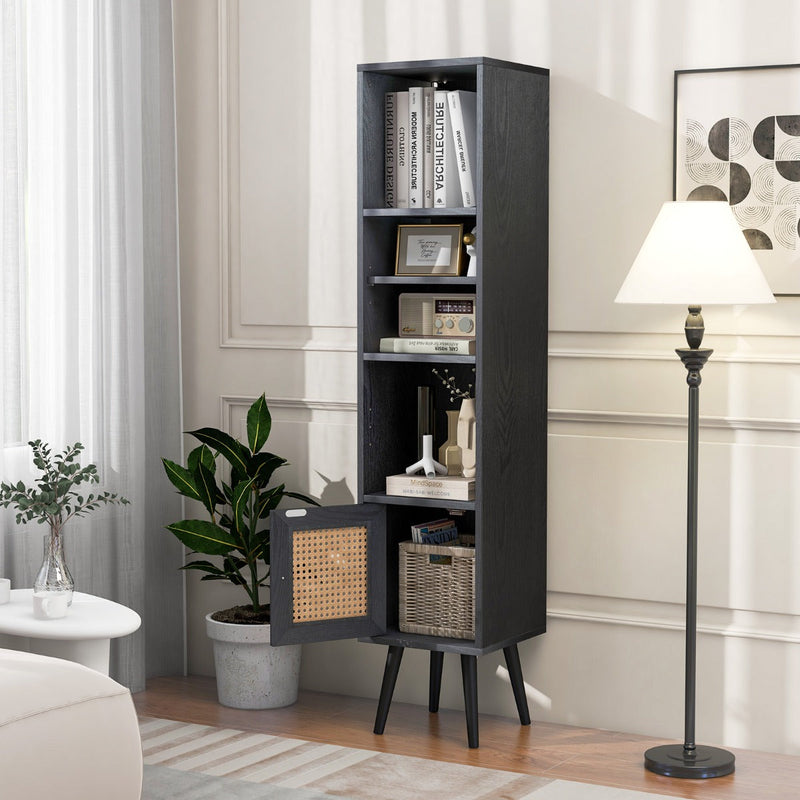 Slim Freestanding Cabinet with Rattan Door - Solid Wood Legs and Stylish Woven Design - Ideal Storage Solution for Compact Spaces