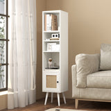 Slim Freestanding Cabinet with Rattan Door - Solid Wood Legs and Stylish Woven Design - Ideal Storage Solution for Compact Spaces