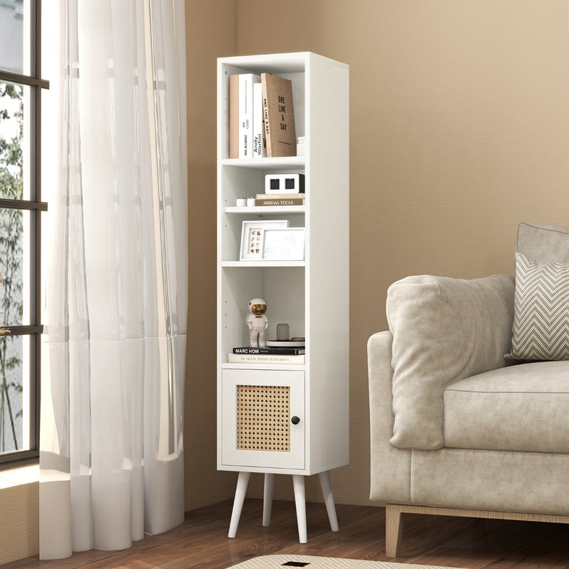 Slim Freestanding Cabinet with Rattan Door - Solid Wood Legs and Stylish Woven Design - Ideal Storage Solution for Compact Spaces