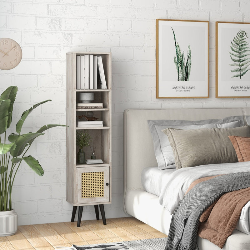 Slim Freestanding Cabinet with Rattan Door - Solid Wood Legs and Stylish Woven Design - Ideal Storage Solution for Compact Spaces