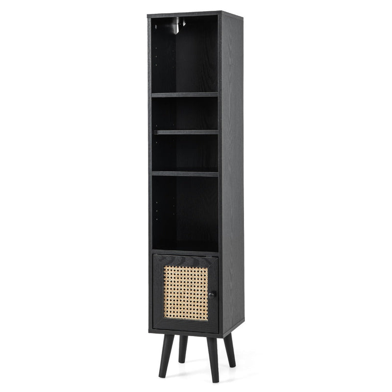 Slim Freestanding Cabinet with Rattan Door - Solid Wood Legs and Stylish Woven Design - Ideal Storage Solution for Compact Spaces