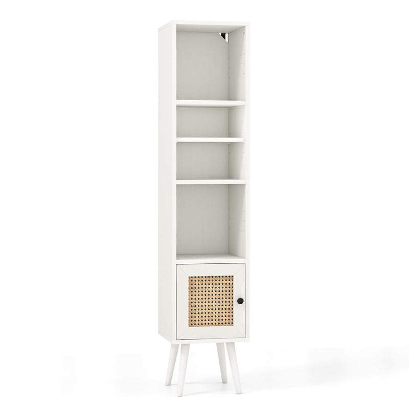 Slim Freestanding Cabinet with Rattan Door - Solid Wood Legs and Stylish Woven Design - Ideal Storage Solution for Compact Spaces