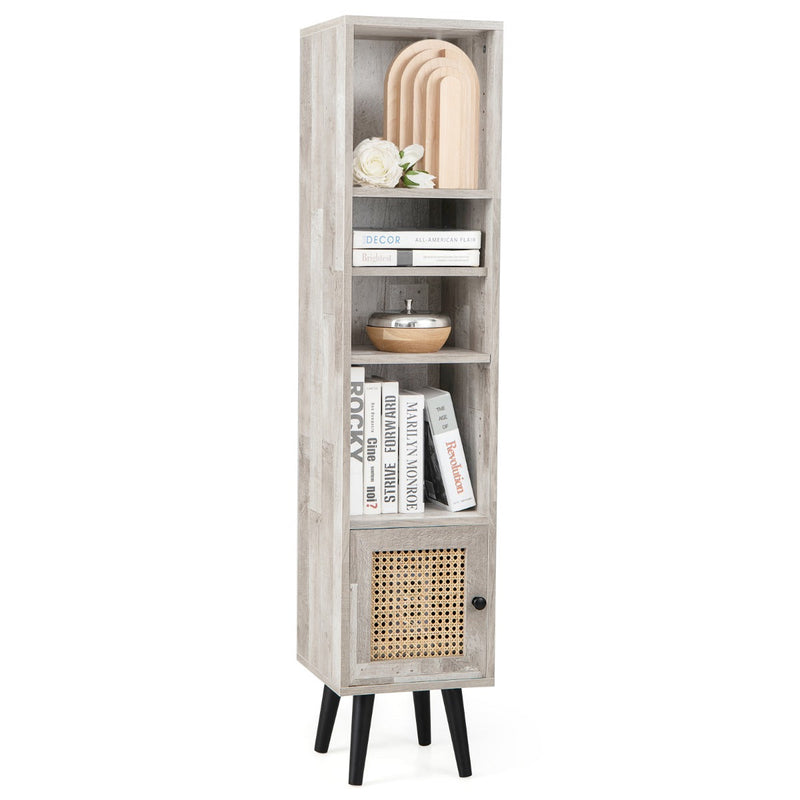 Slim Freestanding Cabinet with Rattan Door - Solid Wood Legs and Stylish Woven Design - Ideal Storage Solution for Compact Spaces