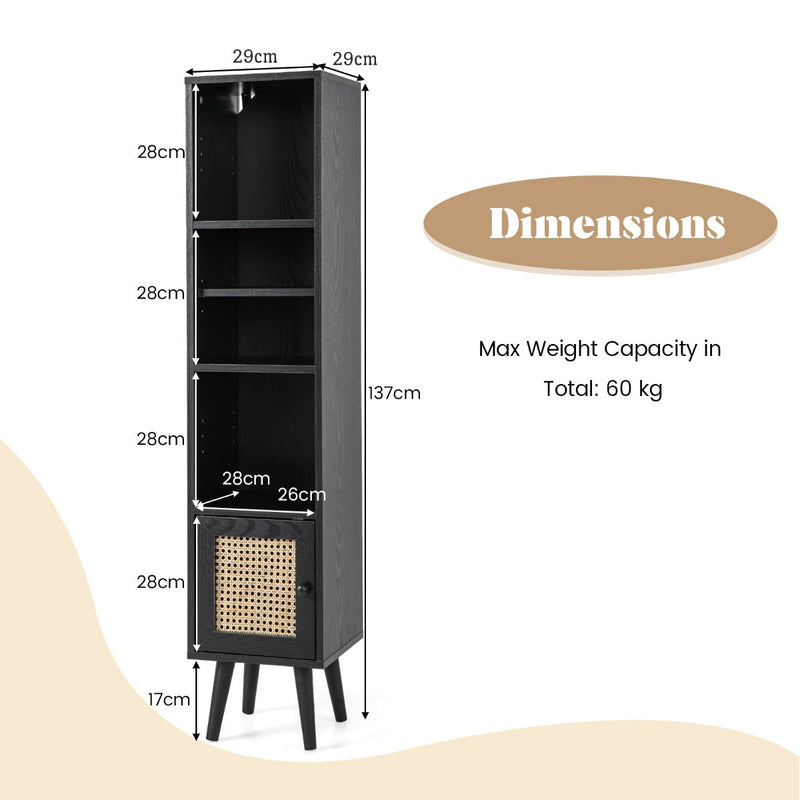 Slim Freestanding Cabinet with Rattan Door - Solid Wood Legs and Stylish Woven Design - Ideal Storage Solution for Compact Spaces