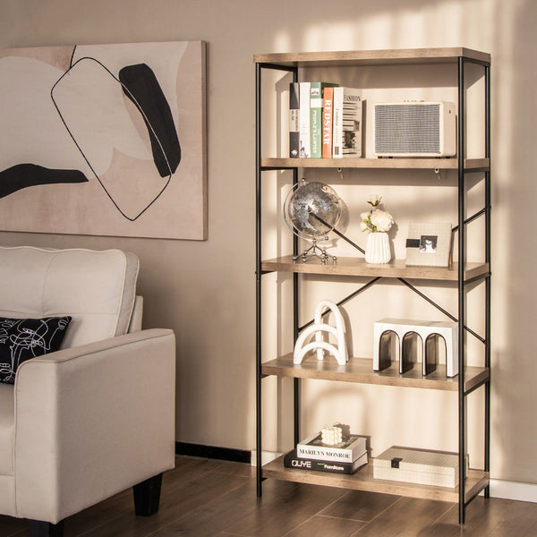 Grey Wooden 5-Tier Freestanding Bookshelf - Stylish and Spacious Storage Solution - Ideal for Organizing Your Books and Displaying Decor Items