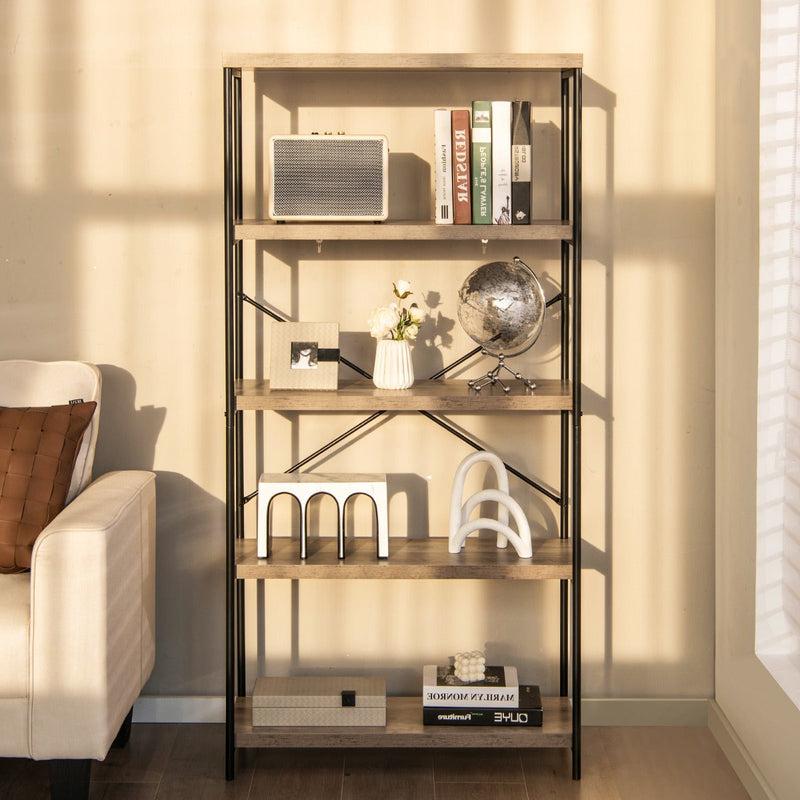 Grey Wooden 5-Tier Freestanding Bookshelf - Stylish and Spacious Storage Solution - Ideal for Organizing Your Books and Displaying Decor Items