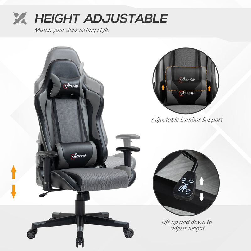 Ergonomic Racing-Style Gaming Chair - High-Back, Adjustable, Swivel Office Chair with Lumbar Support, Grey - Ideal for Gamers and Long-Hour Desk Users