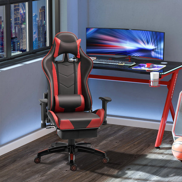 Ergonomic High-Back Racing Chair - Adjustable Swivel Gamer Seat with Footrest and Casters - Comfortable Faux Leather Reclining Office Chair for Gaming and Working
