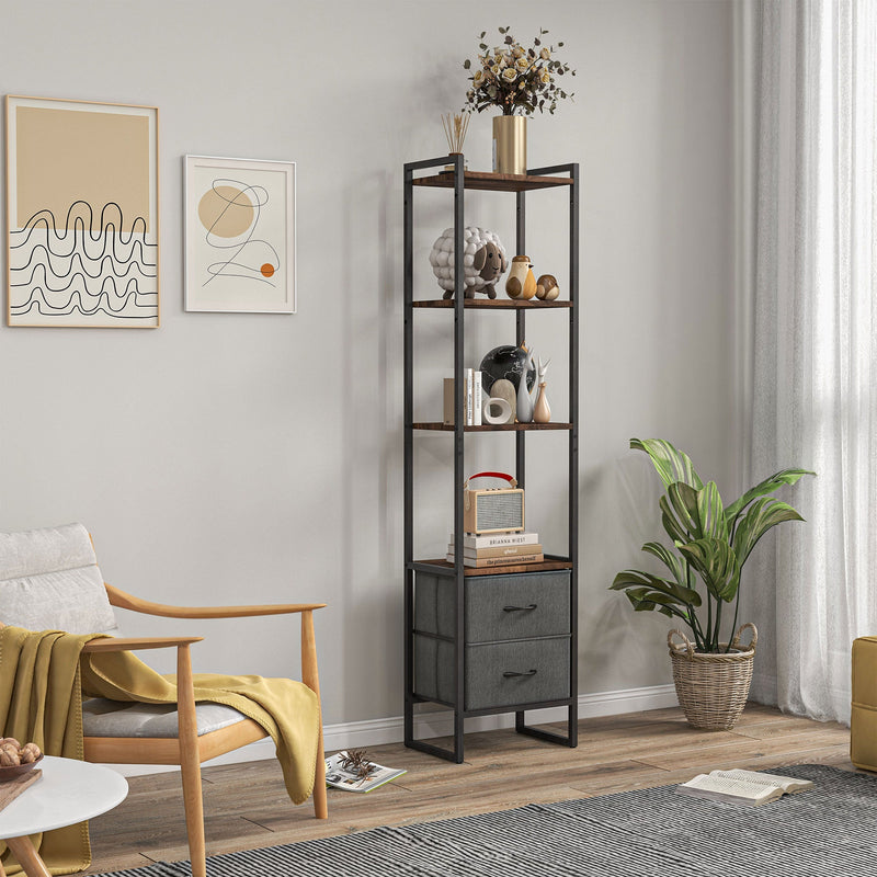 4-Tier Industrial Bookcase with Fabric Drawers - Rustic Brown Storage Shelf with Metal Frame for Versatility - Ideal for Living Room and Bedroom Organization