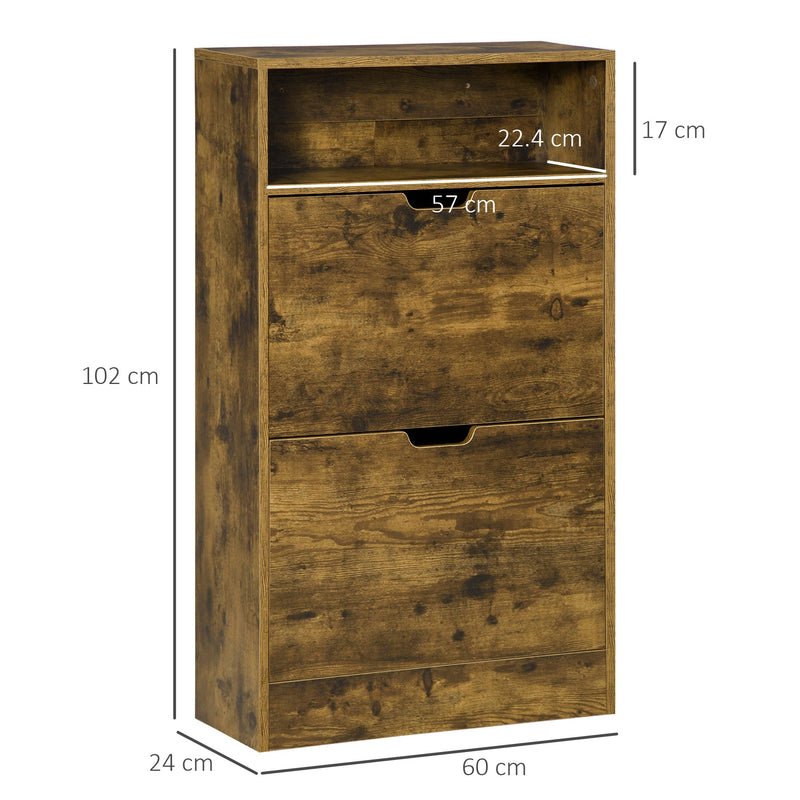 Slim 2-Drawer Shoe Cabinet with Adjustable Shelves - Rustic Brown Entryway Cupboard with Open Space and Flip Doors - Space-Saving Organizer for Shoes and Accessories