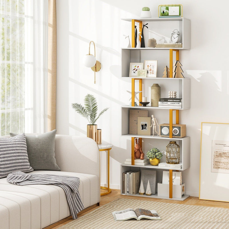 5/6-Tier Geometric Bookcase with Metal Frame and Anti-tipping Kits-5-Tier